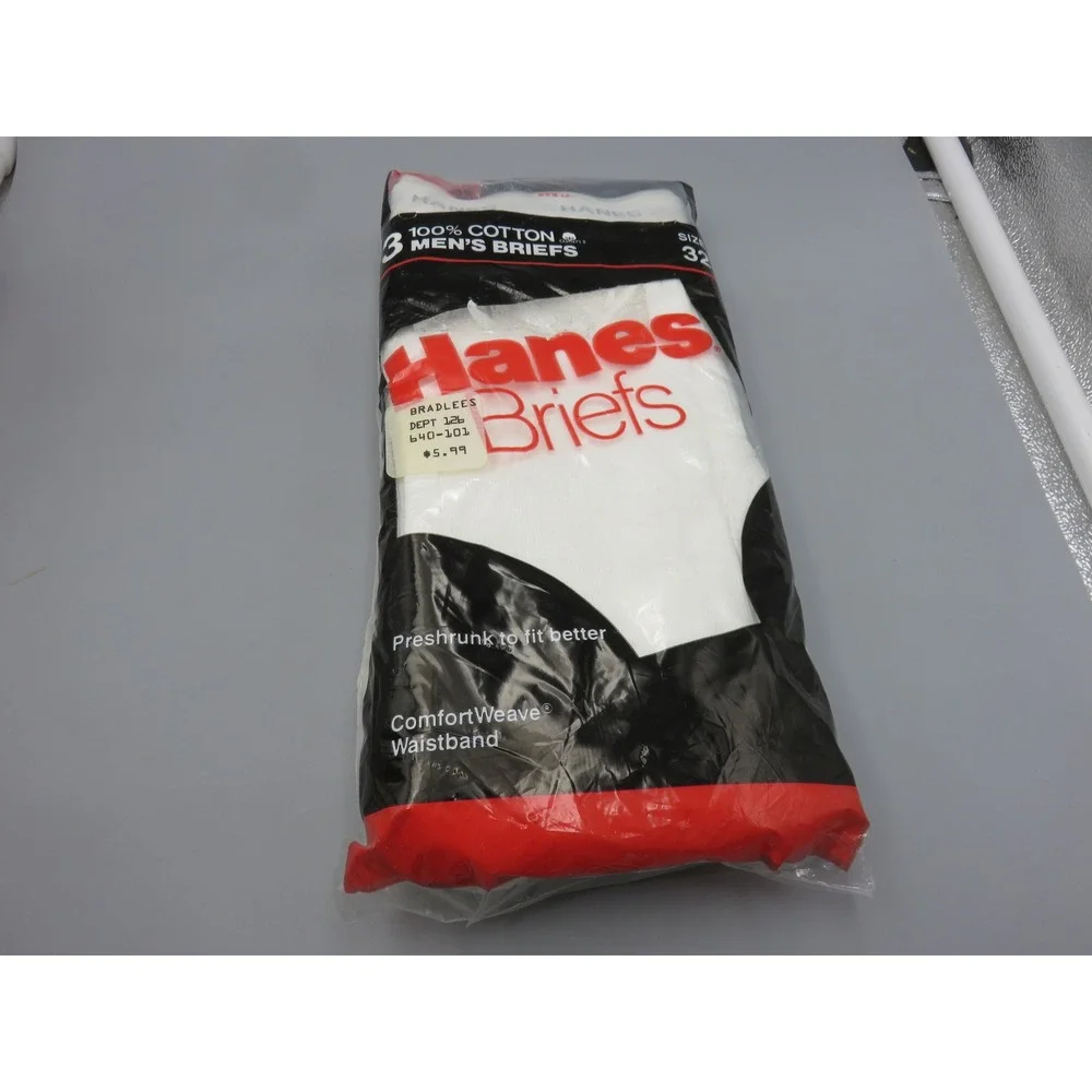 Vintage 1987 Hanes Mens Briefs 3-Pack White Cotton Made in USA Size 32